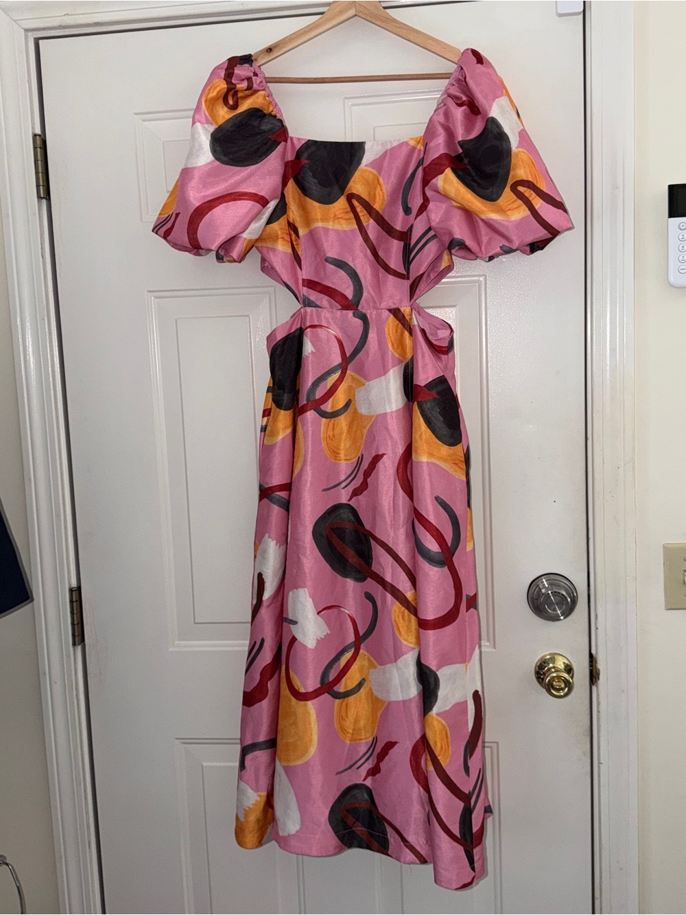 Anthropologie Aureta Pink Abstract Puff-Sleeve Midi Dress.sz S